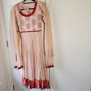 Elegant Velvet-Trimmed Embroidered Dress w/ Scarf - Unique & Altered Fit